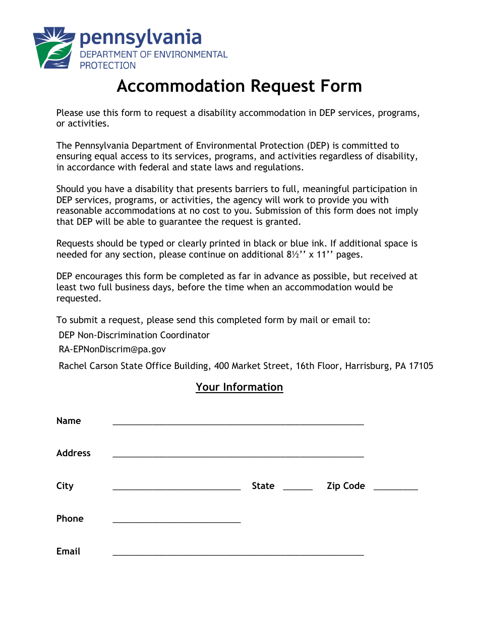 Accommodation Request Form - Pennsylvania, Page 1