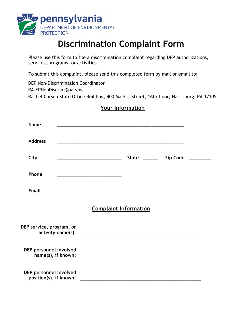 Discrimination Complaint Form - Pennsylvania, Page 1