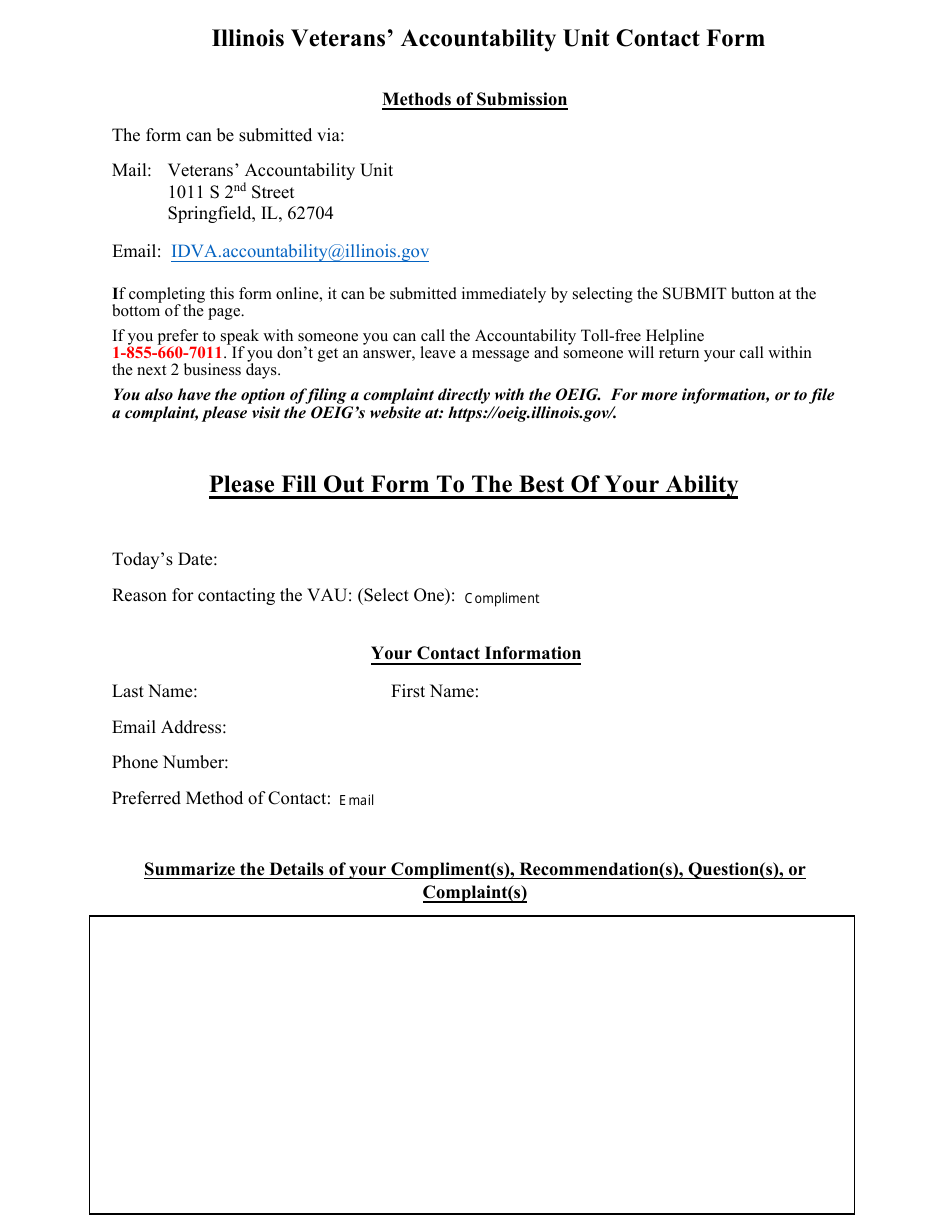 Illinois Veterans' Accountability Unit Contact Form - Illinois, Page 1