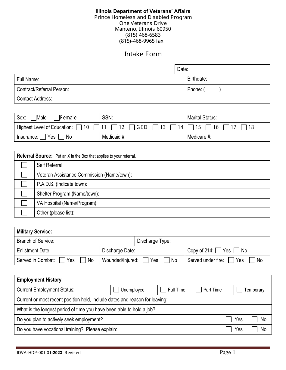 Form IDVA-HDP-001 Intake Form - Prince Homeless and Disabled Program - Illinois, Page 1