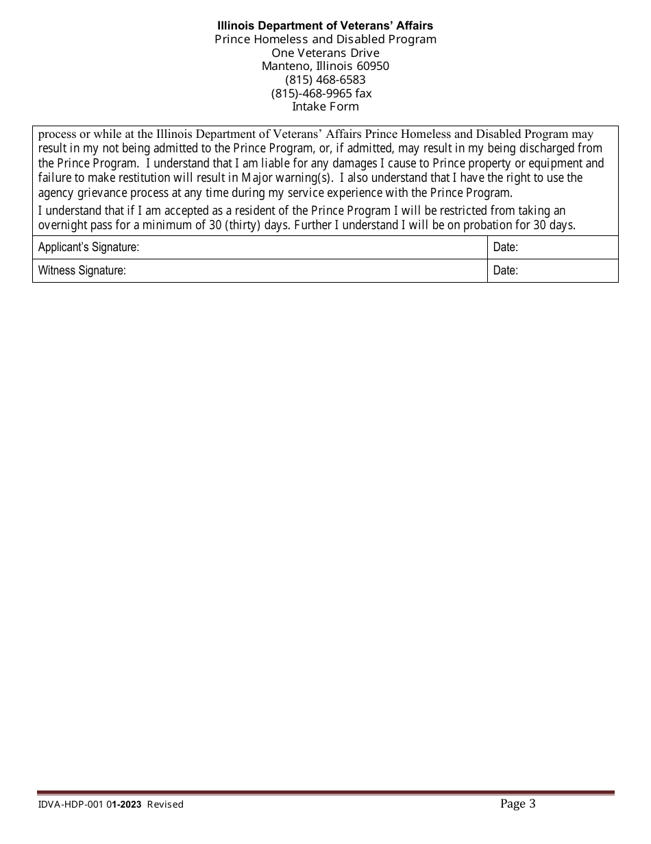 Form IDVA-HDP-001 Intake Form - Prince Homeless and Disabled Program - Illinois, Page 3
