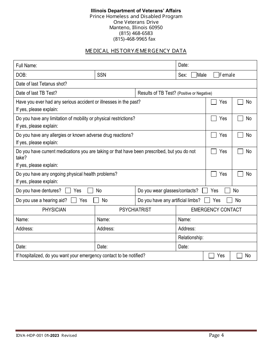 Form IDVA-HDP-001 Intake Form - Prince Homeless and Disabled Program - Illinois, Page 4