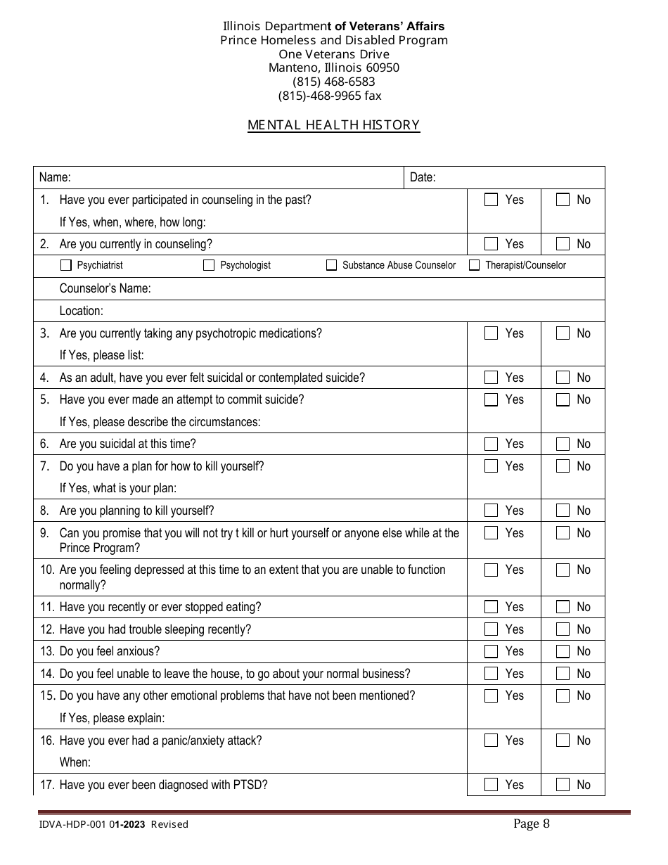 Form IDVA-HDP-001 Intake Form - Prince Homeless and Disabled Program - Illinois, Page 8