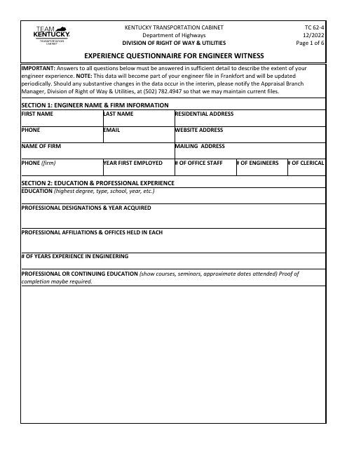 Form TC62-4 Experience Questionnaire for Engineer Witness - Kentucky