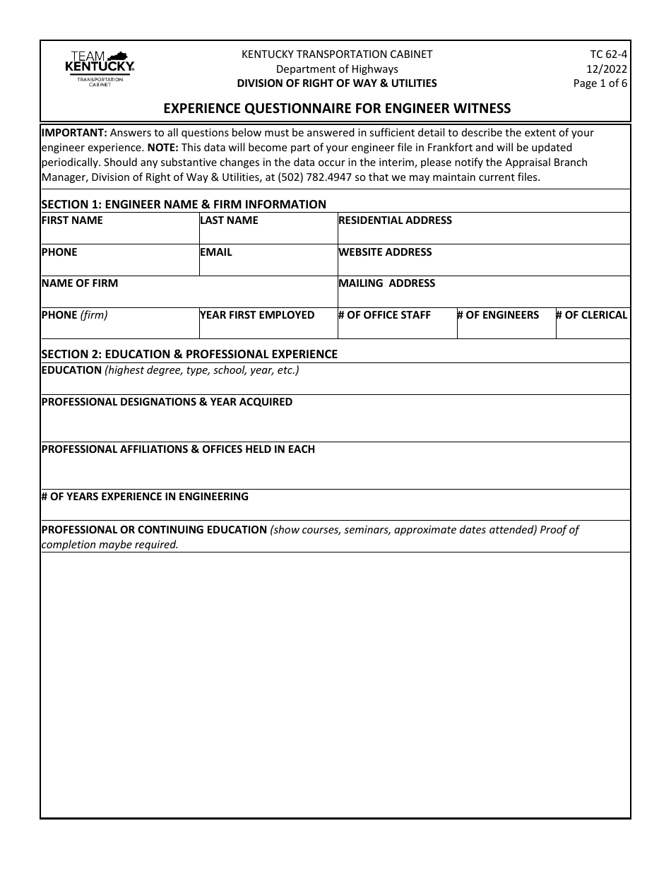 Form TC62-4 Experience Questionnaire for Engineer Witness - Kentucky, Page 1