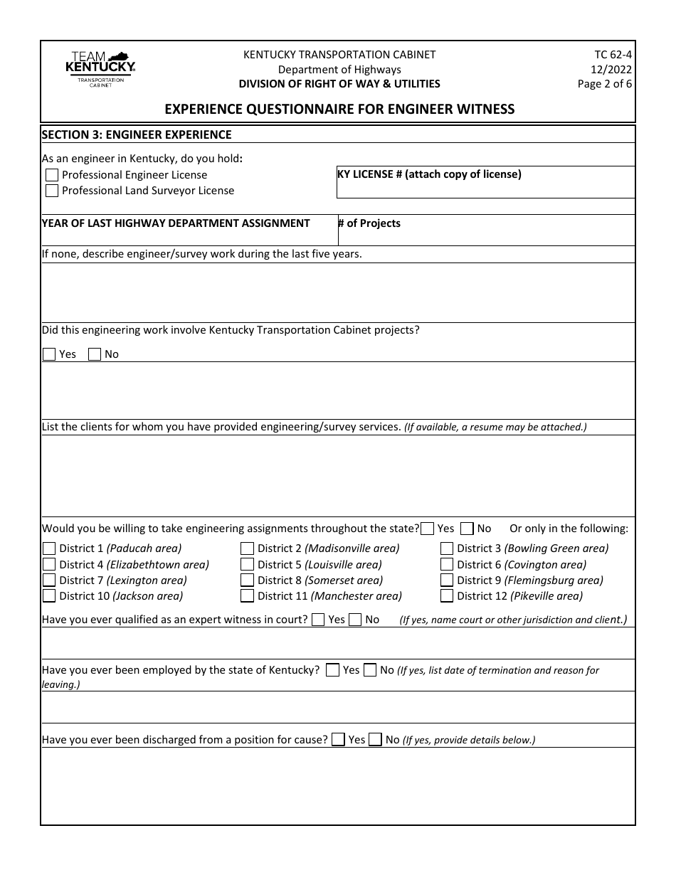 Form TC62-4 Experience Questionnaire for Engineer Witness - Kentucky, Page 2