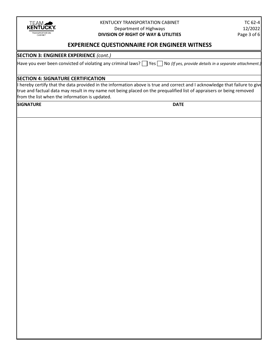 Form TC62-4 Experience Questionnaire for Engineer Witness - Kentucky, Page 3