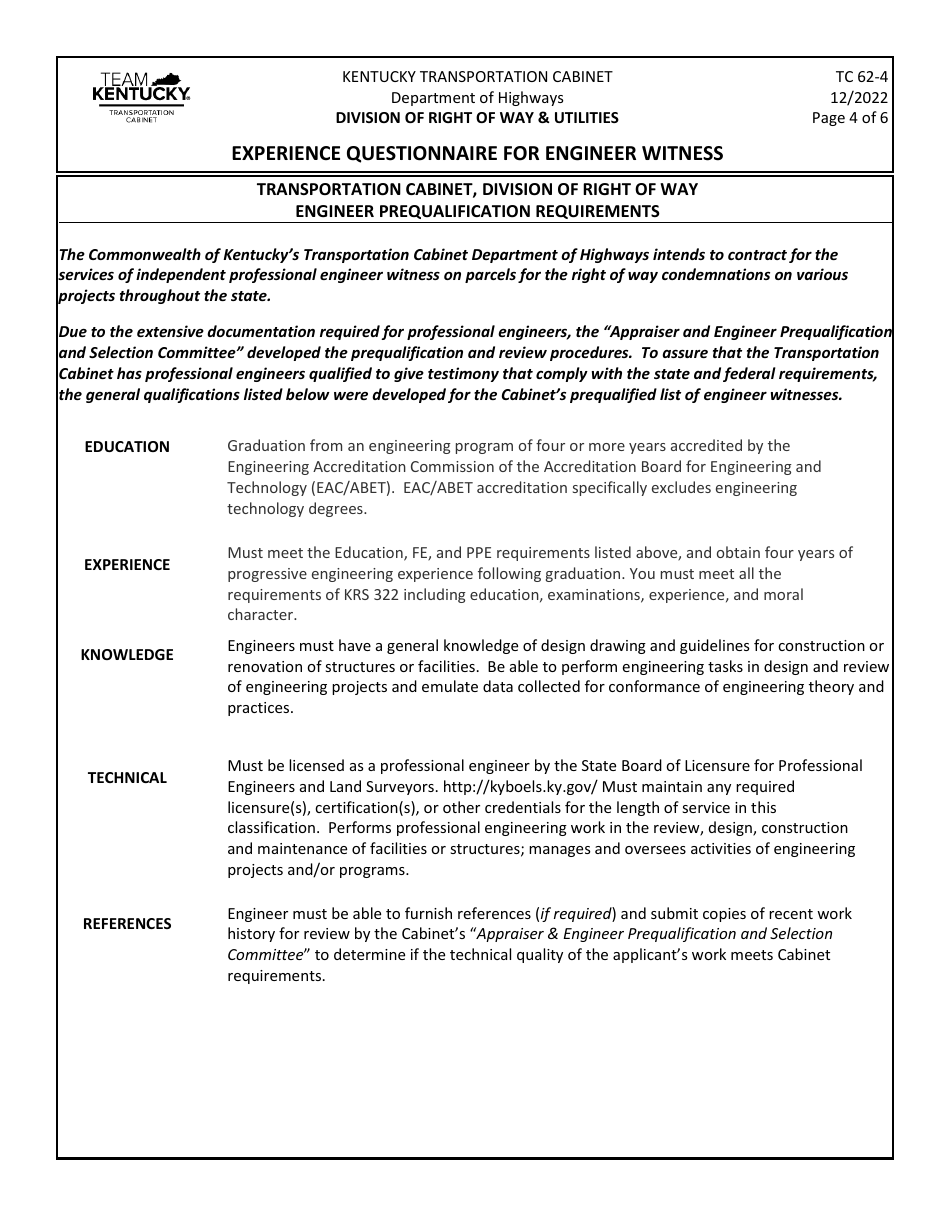 Form TC62-4 Experience Questionnaire for Engineer Witness - Kentucky, Page 4