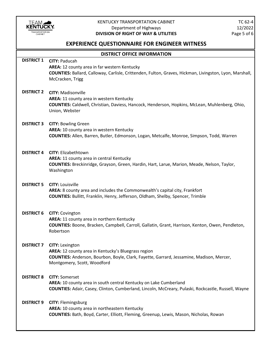 Form TC62-4 Experience Questionnaire for Engineer Witness - Kentucky, Page 5