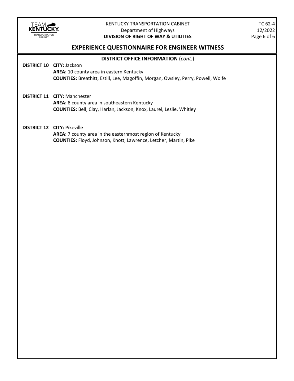 Form TC62-4 Experience Questionnaire for Engineer Witness - Kentucky, Page 6