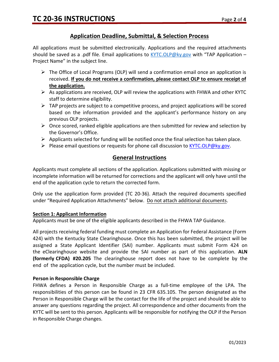 Instructions for Form TC20-36 Transportation Alternatives Program (Tap) Application - Kentucky, Page 2