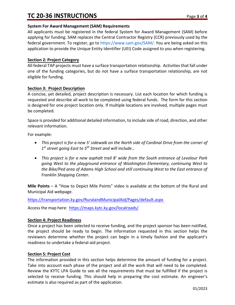 Instructions for Form TC20-36 Transportation Alternatives Program (Tap) Application - Kentucky, Page 3