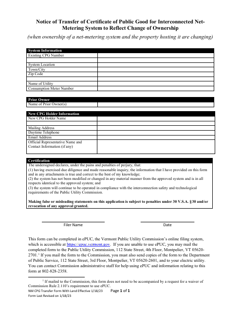 Notice of Transfer of Certificate of Public Good for Interconnected Net-Metering System to Reflect Change of Ownership - Vermont Download Pdf