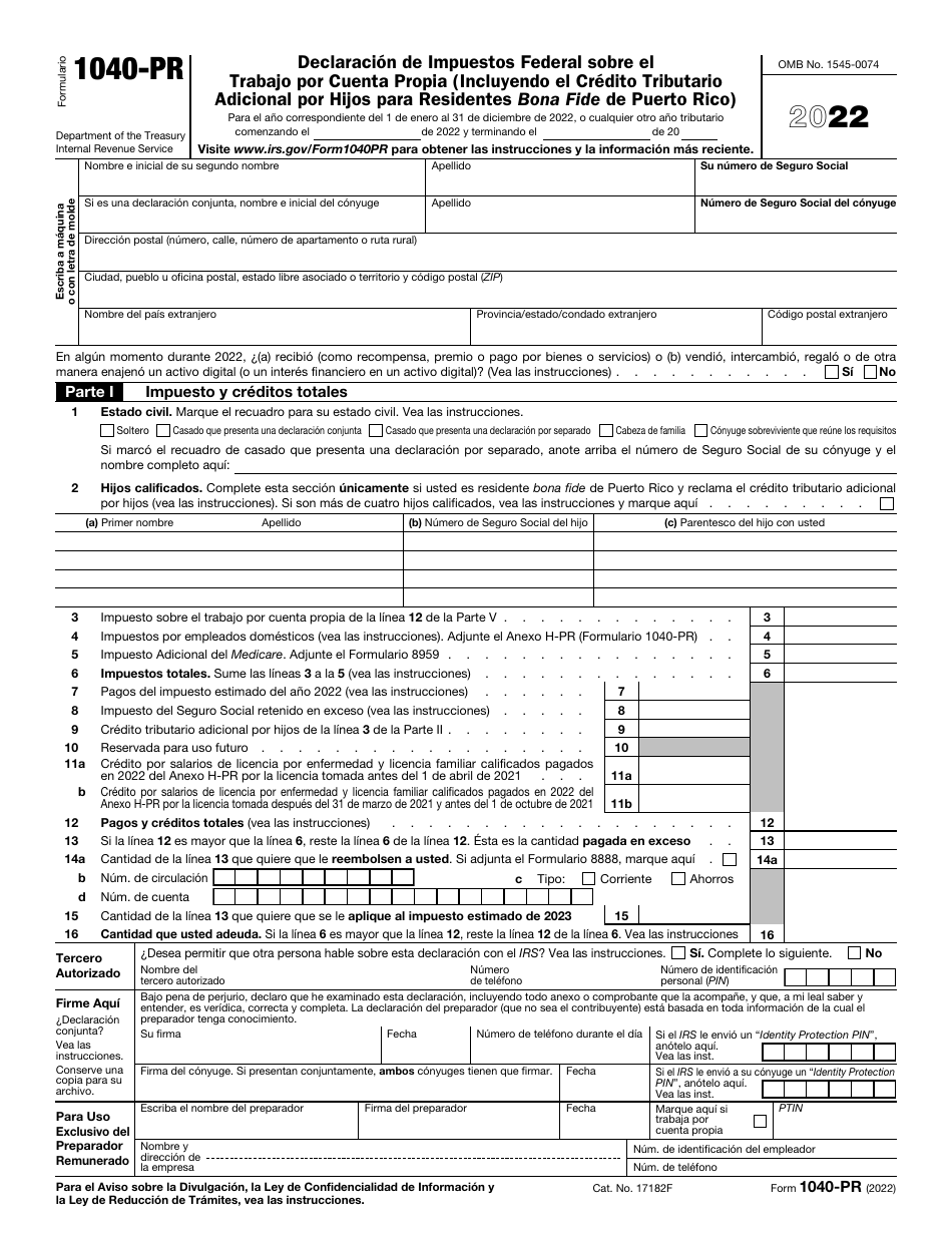 IRS Formulario 1040-PR Declaracion De Impuestos Federal Sobre El Trabajo Por Cuenta Propia (Incluyendo El Credito Tributario Adicional Por Hijos Para Residentes Bona Fide De Puerto Rico) (Puerto Rican Spanish), Page 1