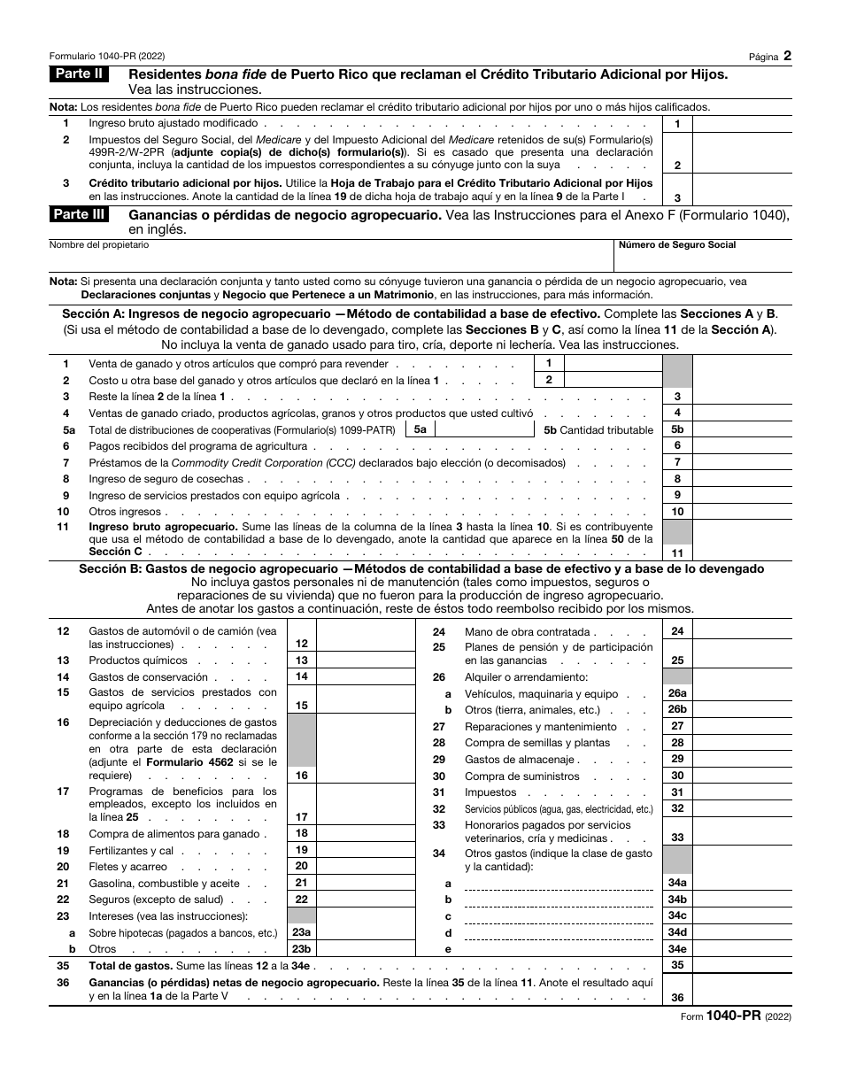 IRS Formulario 1040-PR Declaracion De Impuestos Federal Sobre El Trabajo Por Cuenta Propia (Incluyendo El Credito Tributario Adicional Por Hijos Para Residentes Bona Fide De Puerto Rico) (Puerto Rican Spanish), Page 2