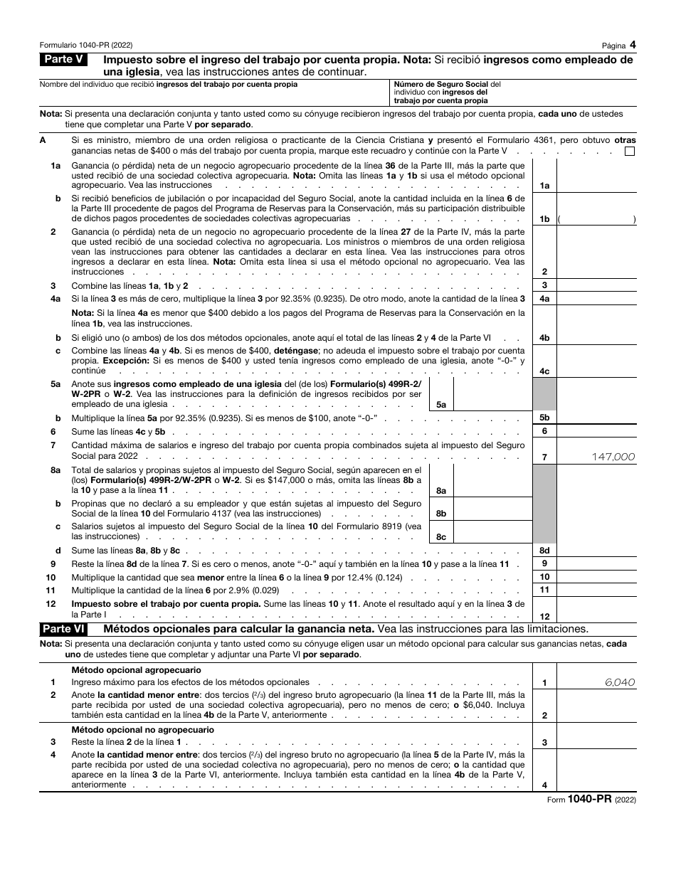 IRS Formulario 1040-PR Declaracion De Impuestos Federal Sobre El Trabajo Por Cuenta Propia (Incluyendo El Credito Tributario Adicional Por Hijos Para Residentes Bona Fide De Puerto Rico) (Puerto Rican Spanish), Page 4