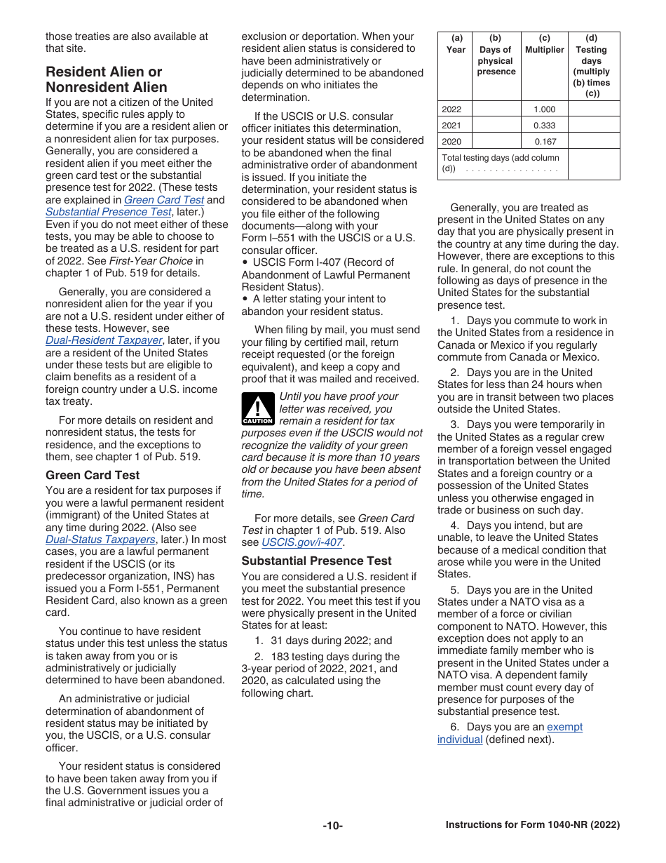 Instructions for IRS Form 1040-NR U.S. Nonresident Alien Income Tax Return, Page 10