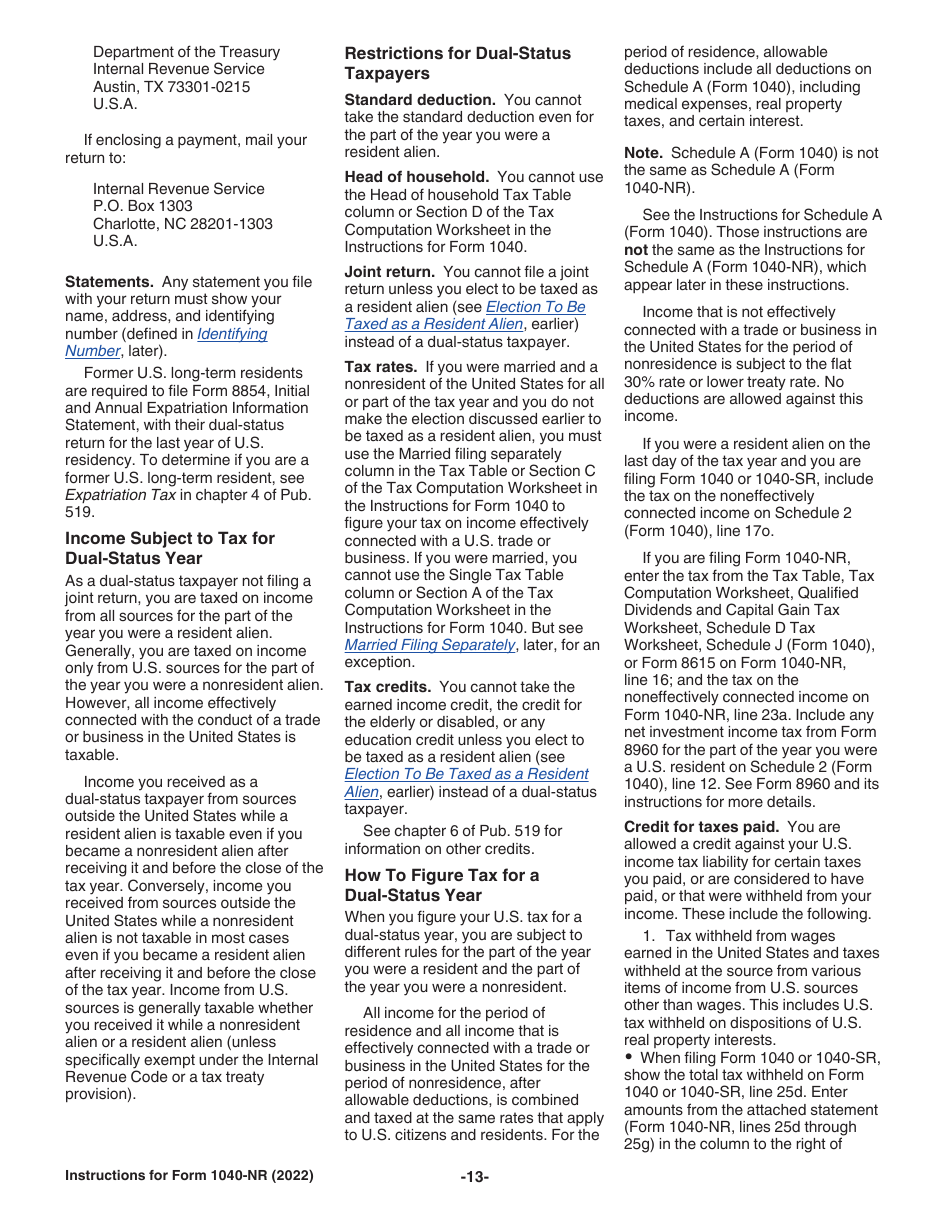 Download Instructions for IRS Form 1040-NR U.S. Nonresident Alien ...