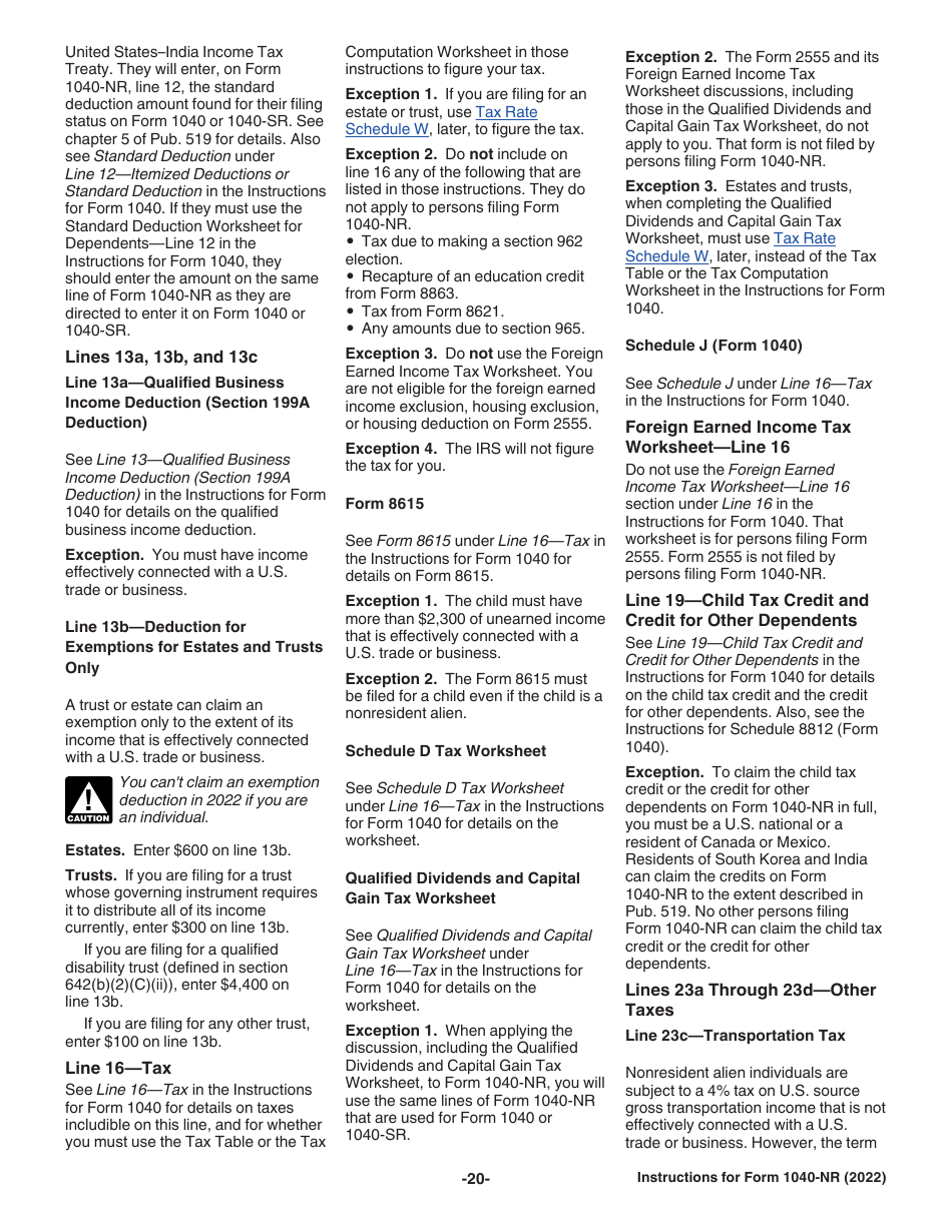 Instructions for IRS Form 1040-NR U.S. Nonresident Alien Income Tax Return, Page 20