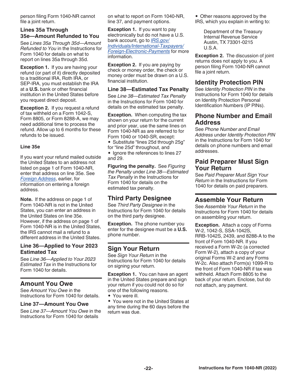 Instructions for IRS Form 1040-NR U.S. Nonresident Alien Income Tax Return, Page 22