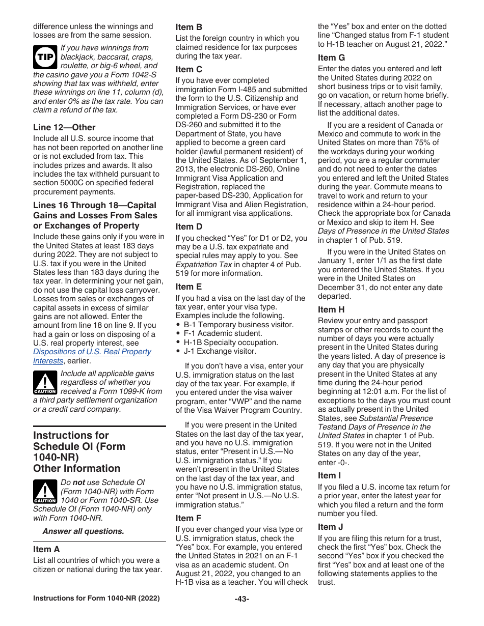 Instructions for IRS Form 1040-NR U.S. Nonresident Alien Income Tax Return, Page 43