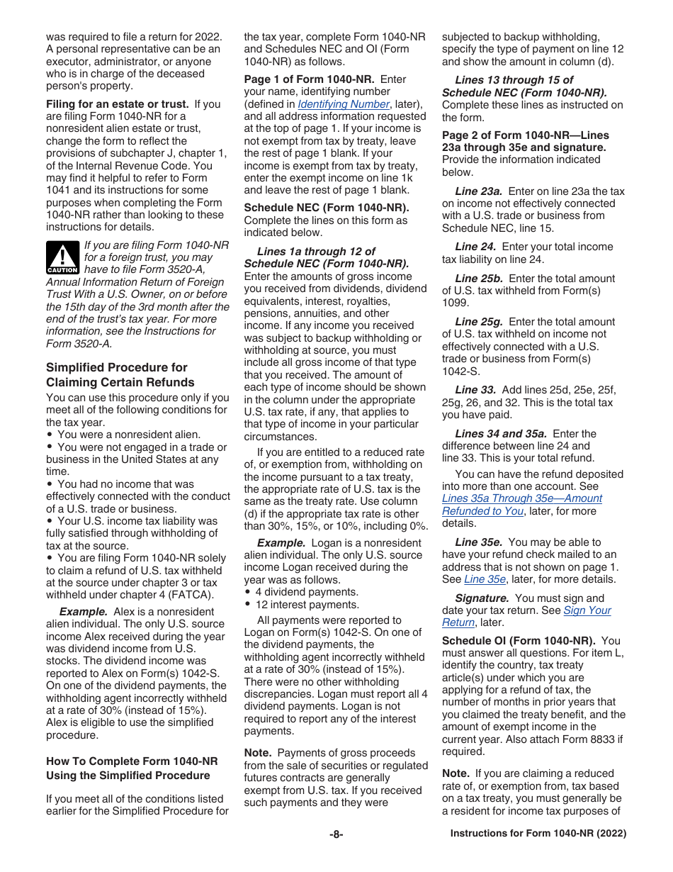 Instructions for IRS Form 1040-NR U.S. Nonresident Alien Income Tax Return, Page 8