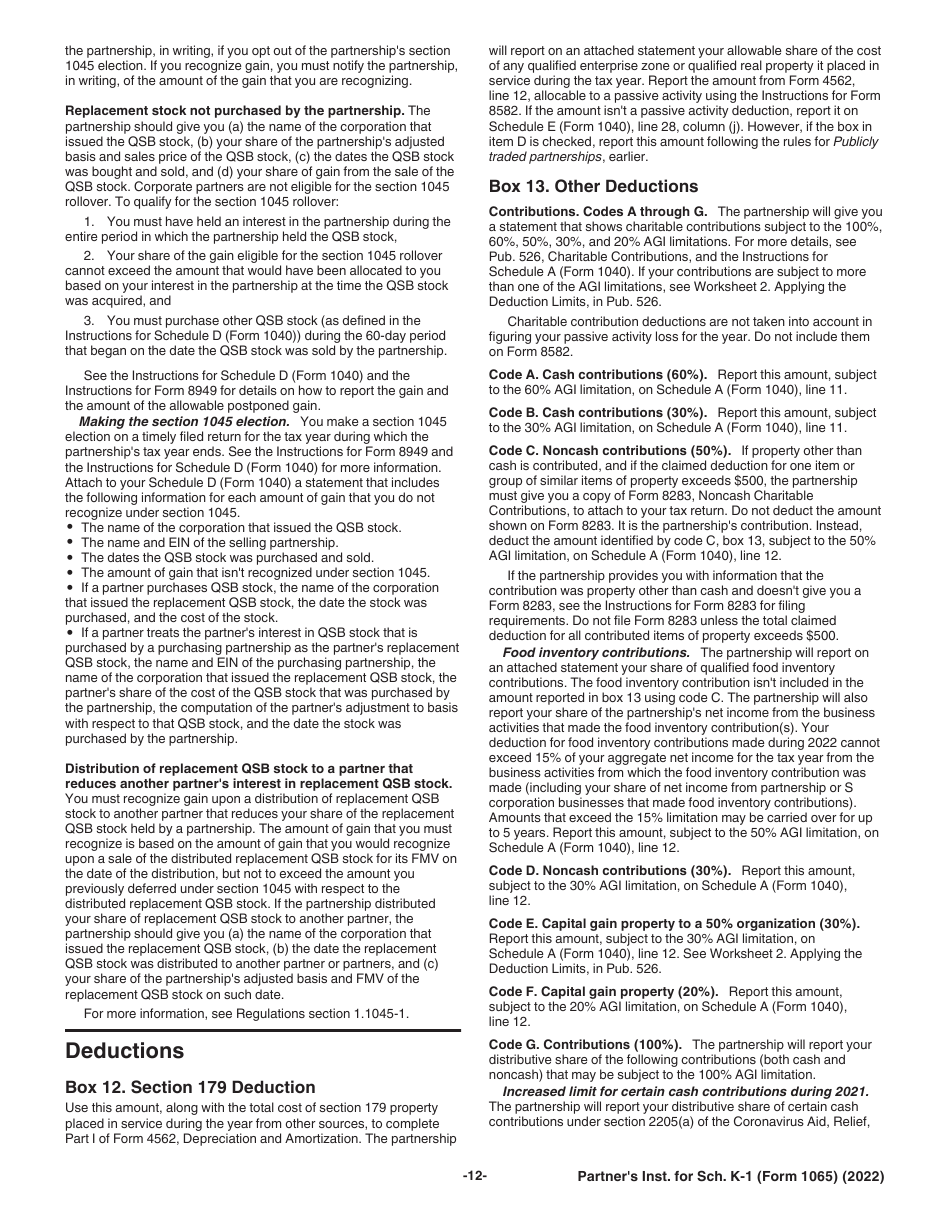 Instructions for IRS Form 1065 Schedule K-1 Partners Share of Income, Deductions, Credits, Etc. (For Partners Use Only), Page 12