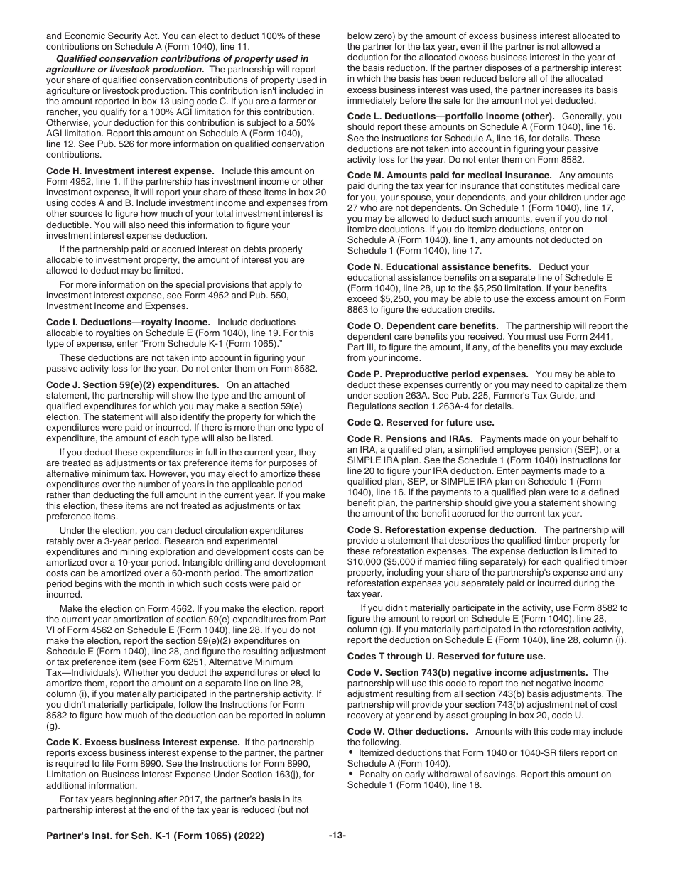 Instructions for IRS Form 1065 Schedule K-1 Partners Share of Income, Deductions, Credits, Etc. (For Partners Use Only), Page 13