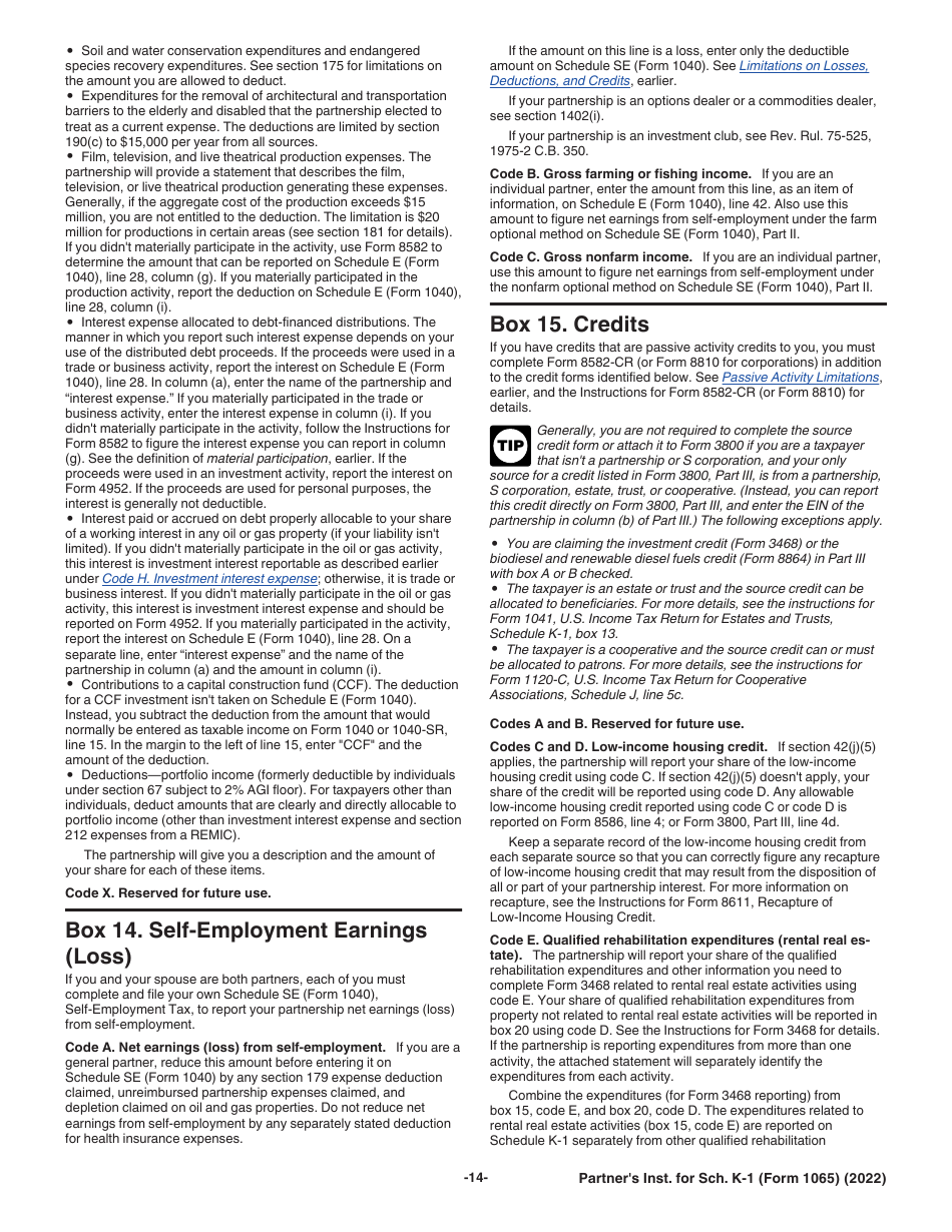 Instructions for IRS Form 1065 Schedule K-1 Partners Share of Income, Deductions, Credits, Etc. (For Partners Use Only), Page 14