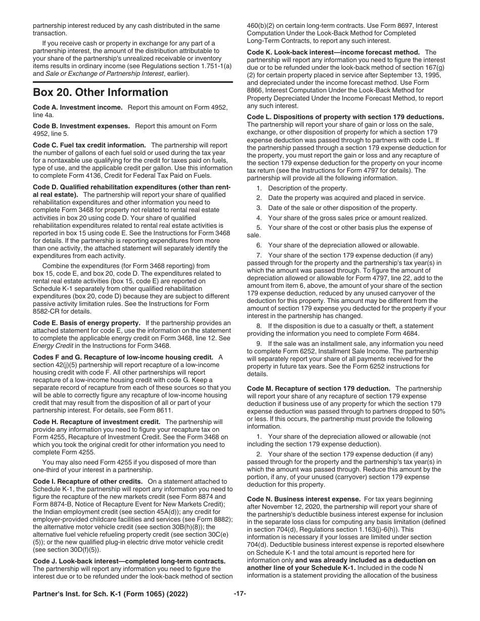 Instructions for IRS Form 1065 Schedule K-1 Partners Share of Income, Deductions, Credits, Etc. (For Partners Use Only), Page 17