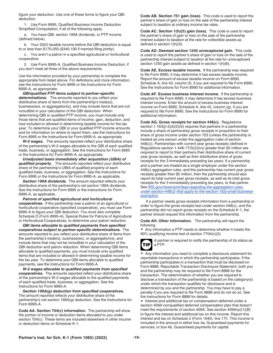 Instructions for IRS Form 1065 Schedule K-1 Partners Share of Income, Deductions, Credits, Etc. (For Partners Use Only), Page 19