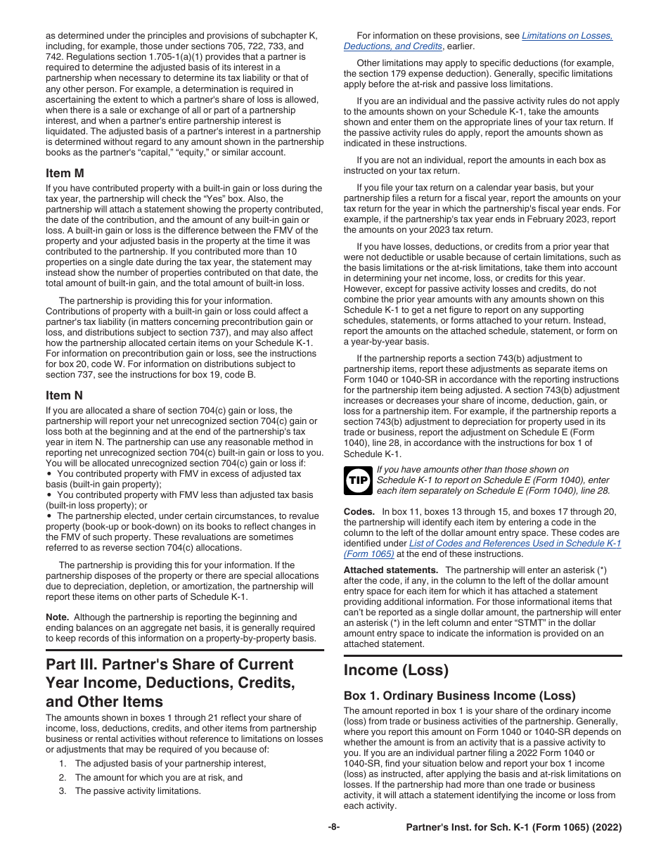 Instructions for IRS Form 1065 Schedule K-1 Partners Share of Income, Deductions, Credits, Etc. (For Partners Use Only), Page 8