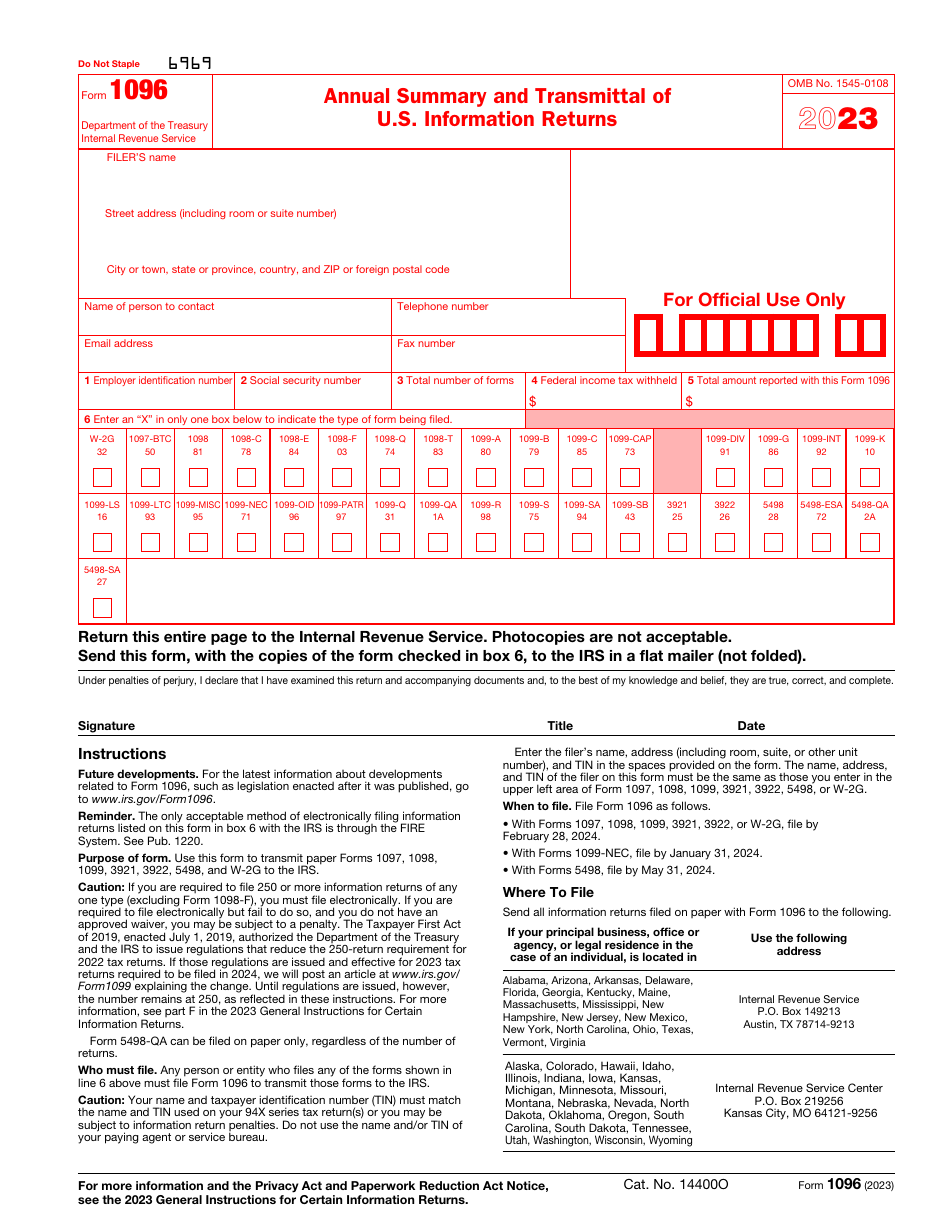 IRS Form 1096 Download Fillable PDF or Fill Online Annual Summary and