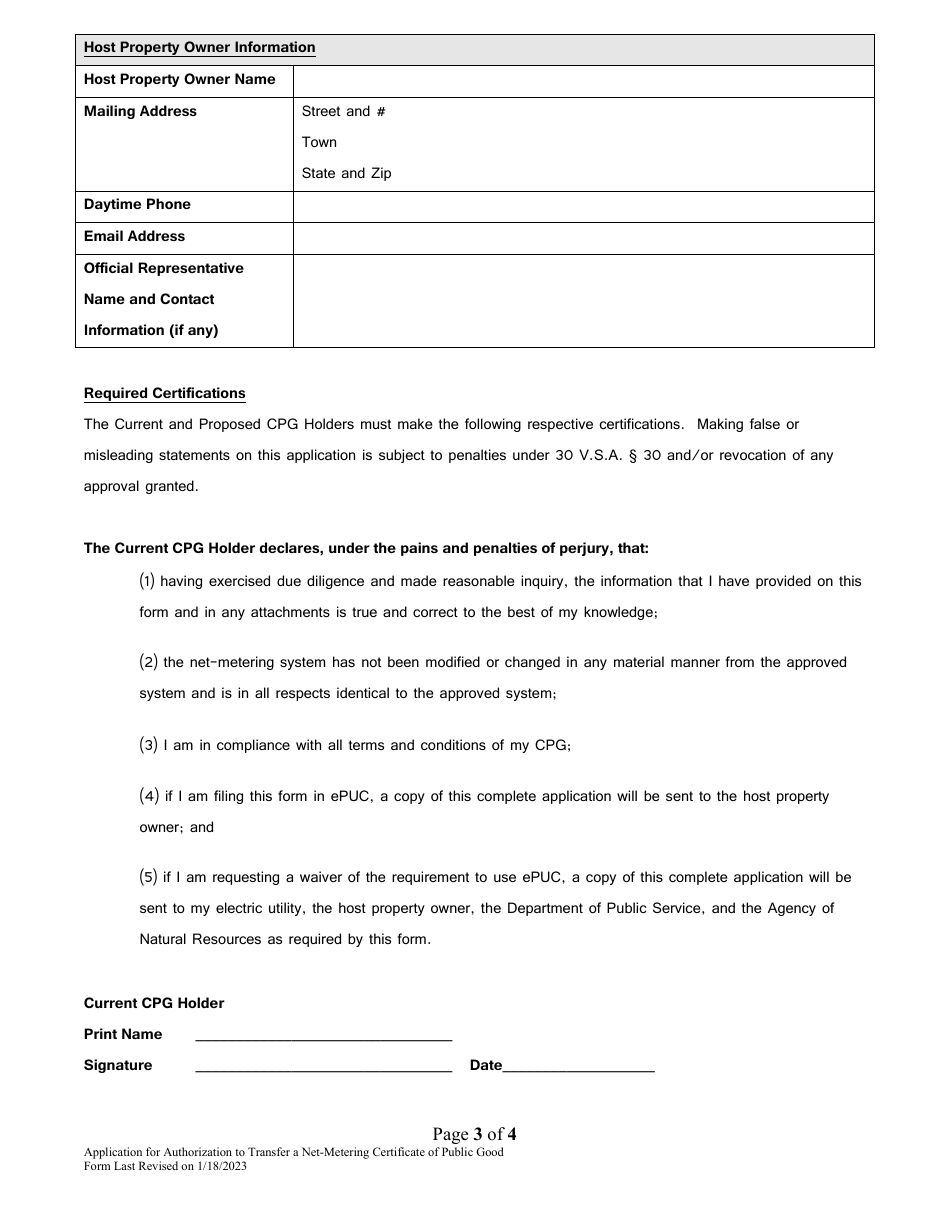 Application for Authorization to Transfer a Net-Metering Certificate of Public Good - Vermont, Page 3