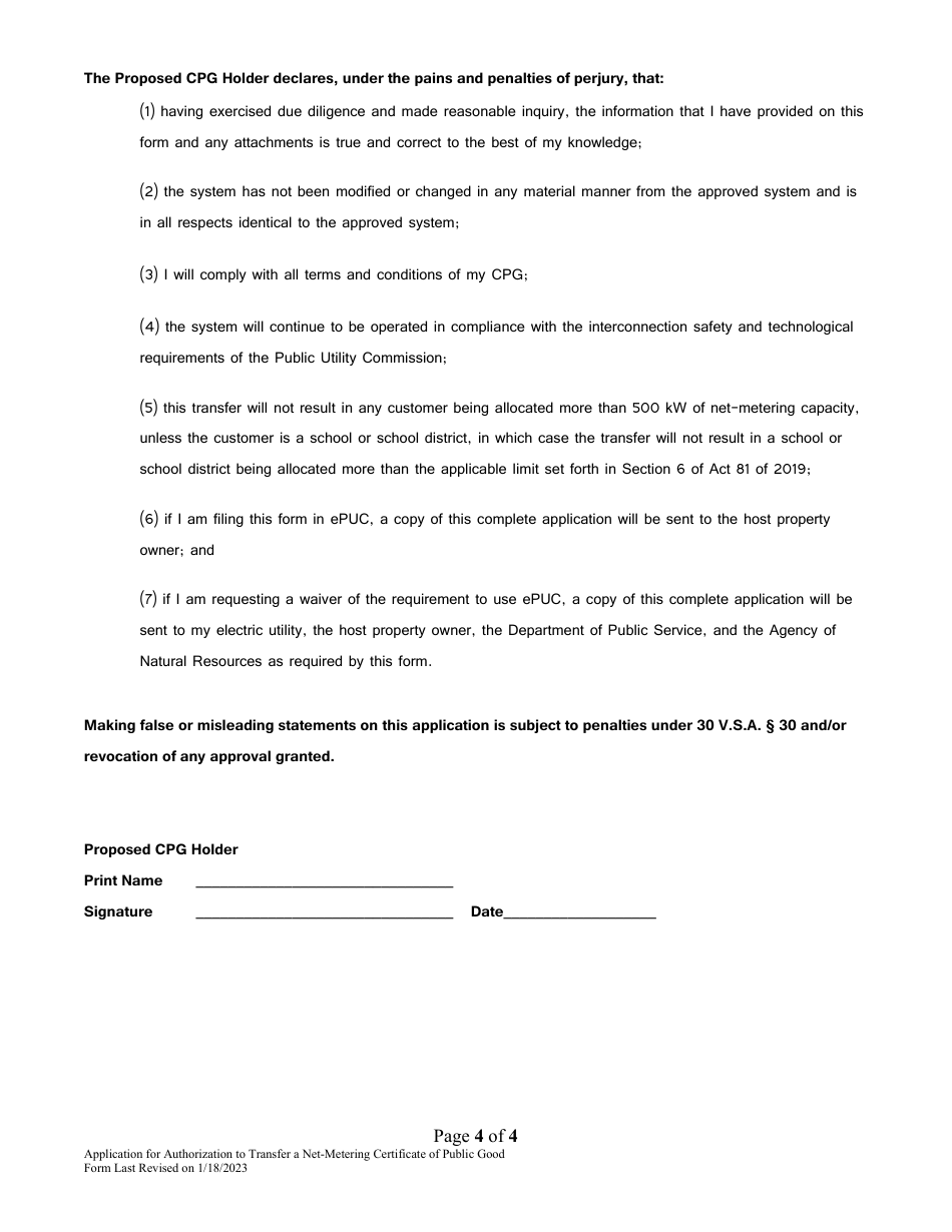 Application for Authorization to Transfer a Net-Metering Certificate of Public Good - Vermont, Page 4