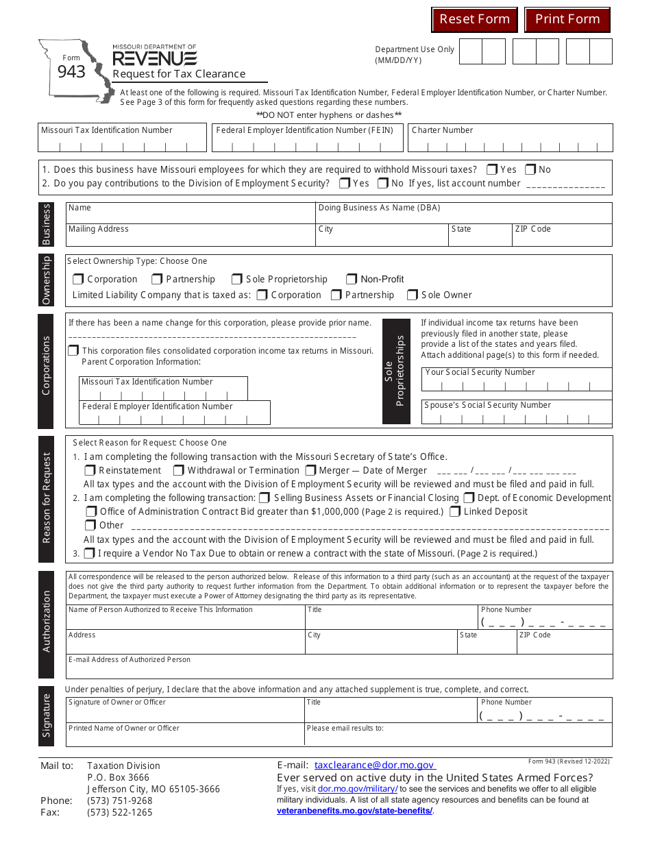 Form 943 Download Fillable PDF or Fill Online Request for Tax Clearance