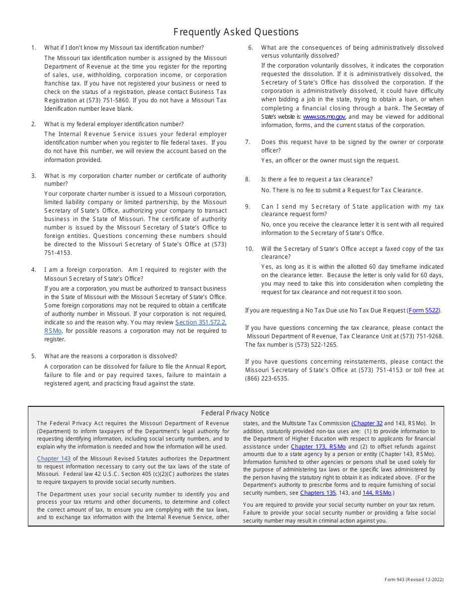 Form 943 Request for Tax Clearance - Missouri, Page 3