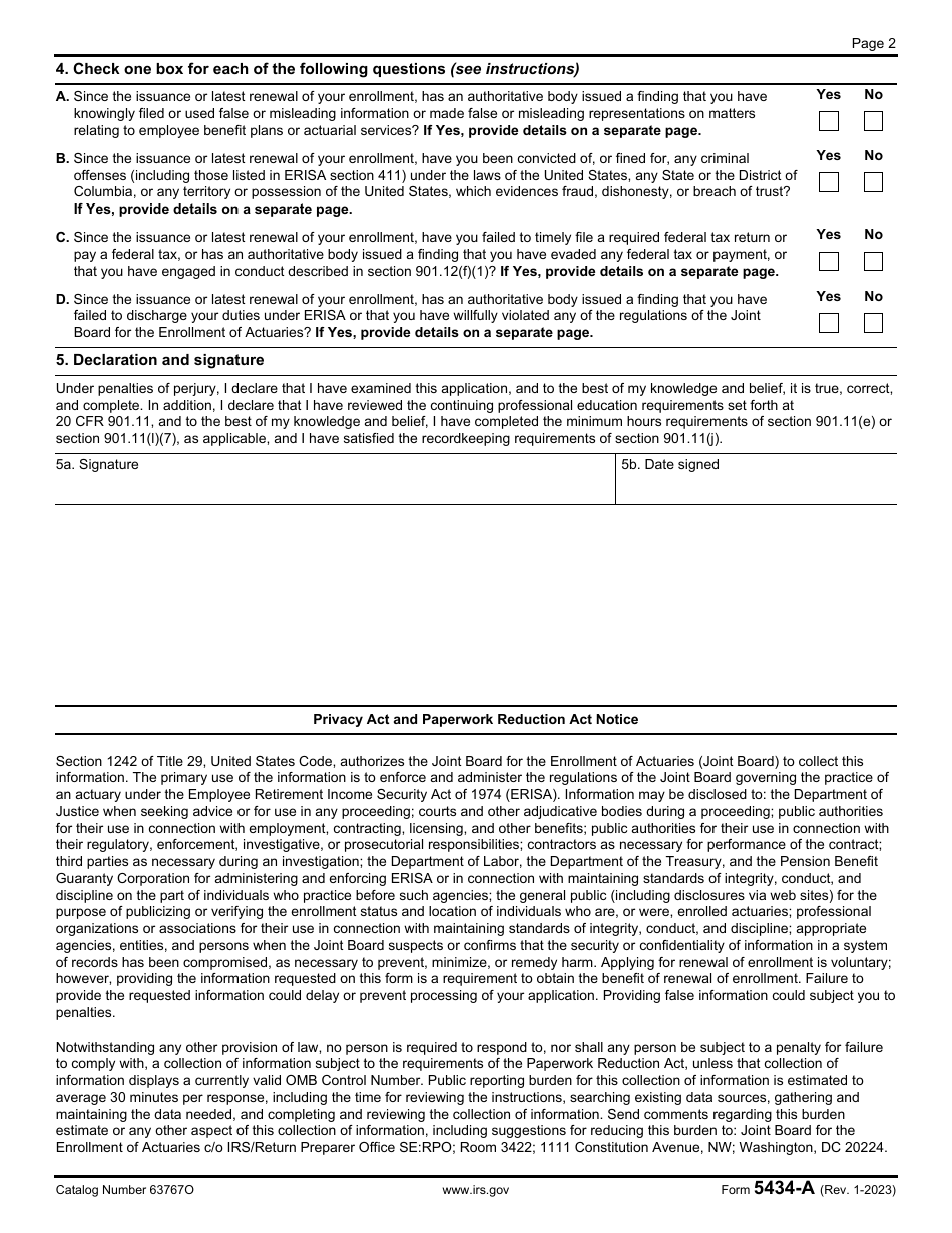 IRS Form 5434-A Joint Board for the Enrollment of Actuaries - Application for Renewal of Enrollment, Page 2