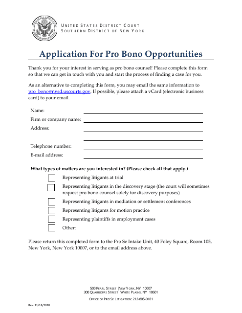 Application for Pro Bono Opportunities - New York Download Pdf