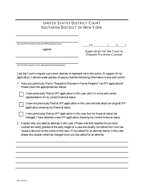 Application for the Court to Request Pro Bono Counsel - New York Download Pdf