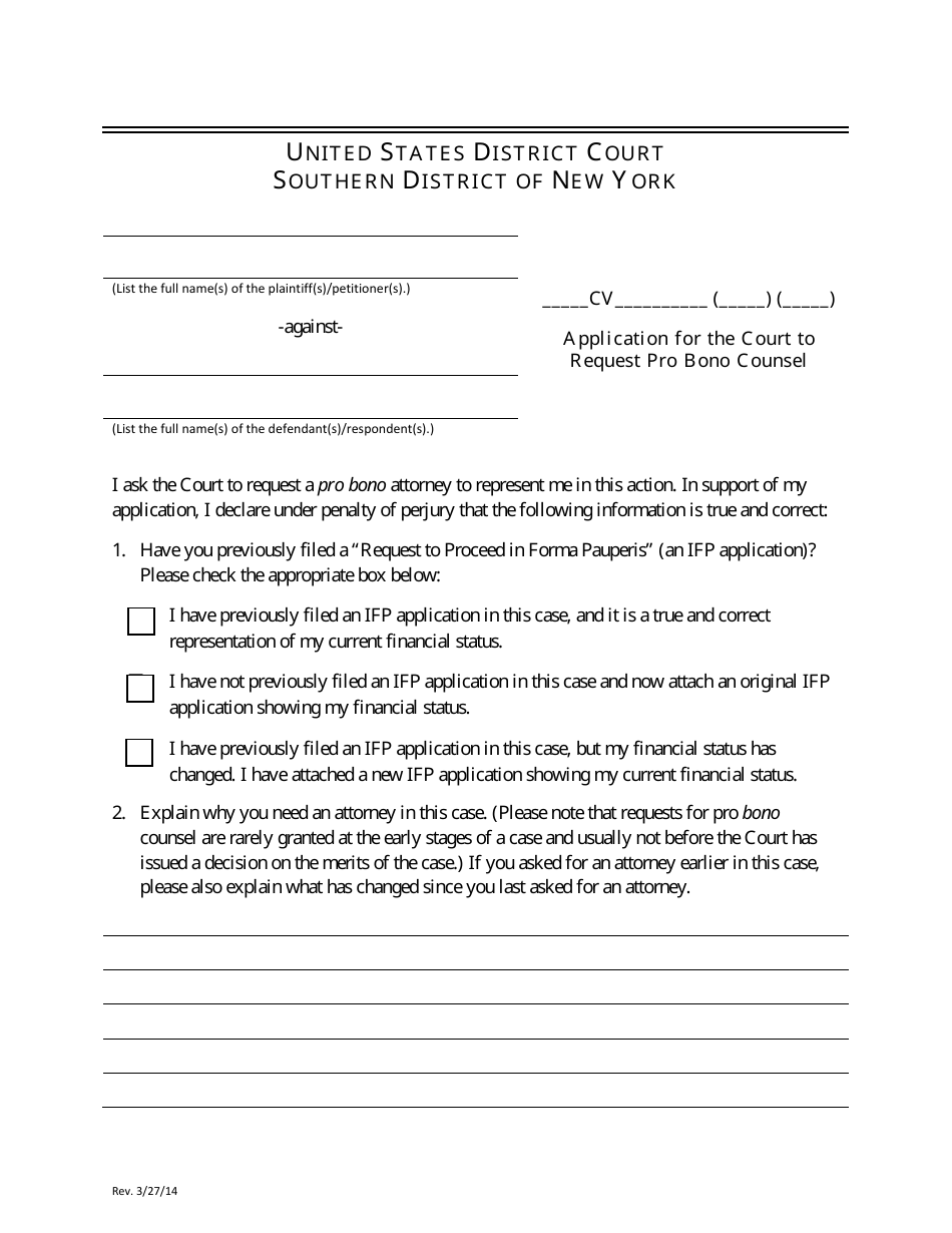 Application for the Court to Request Pro Bono Counsel - New York, Page 1