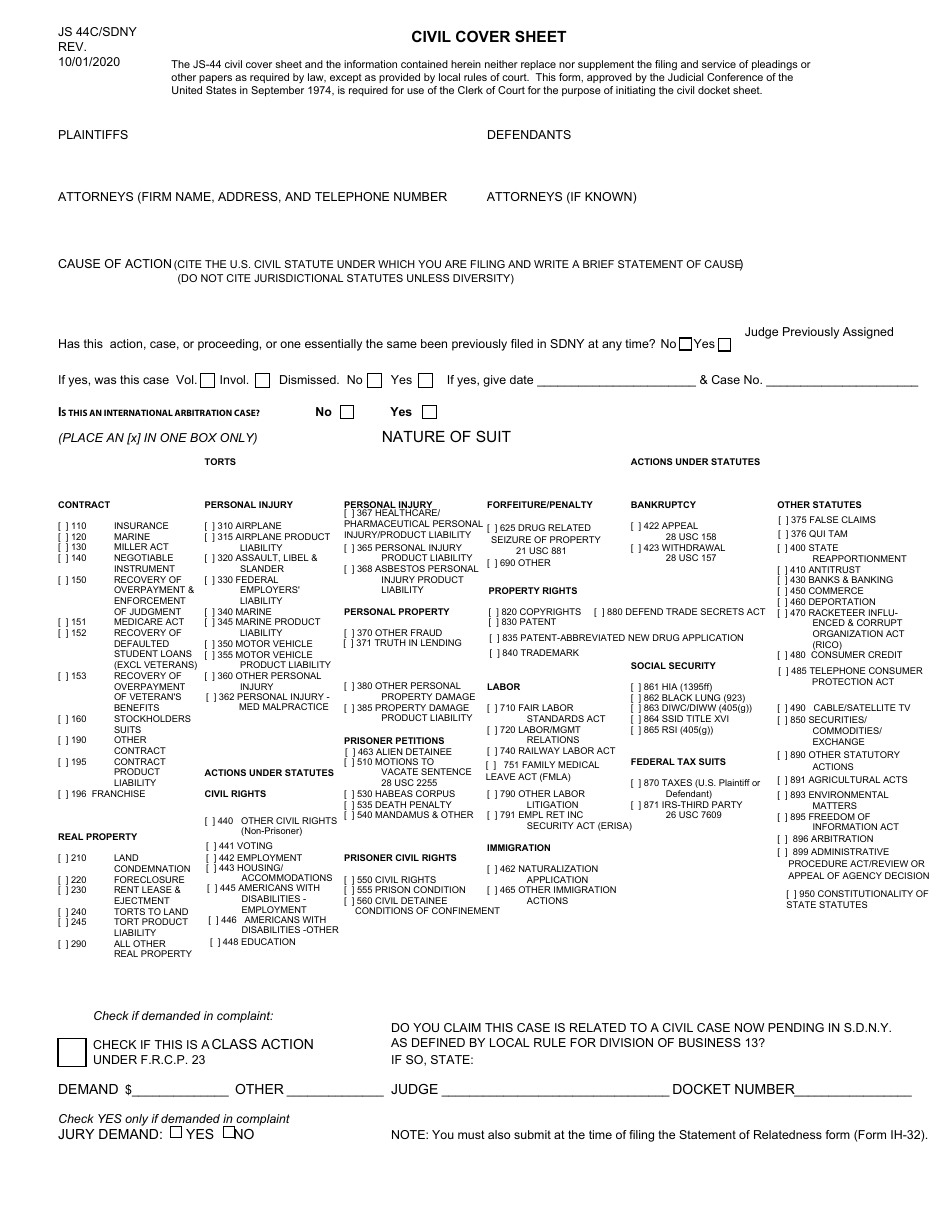 Form JS44C/SDNY - Fill Out, Sign Online And Download Fillable PDF, New ...