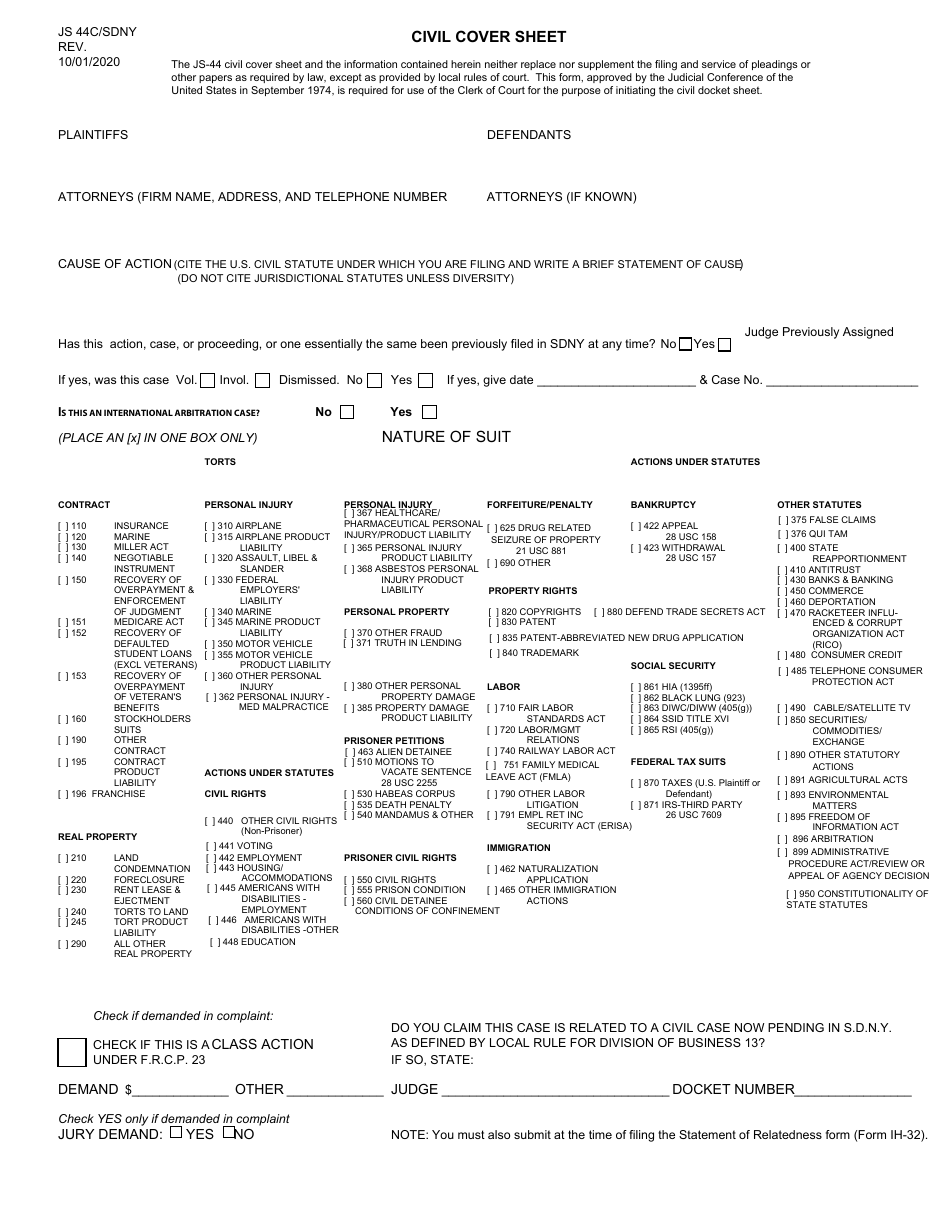 Form JS44C / SDNY Civil Cover Sheet - New York, Page 1