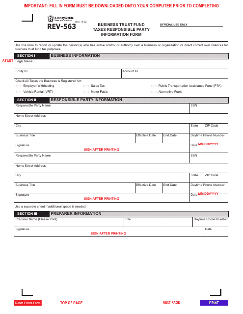 Form REV-563 Business Trust Fund Taxes Responsible Party Information Form - Pennsylvania