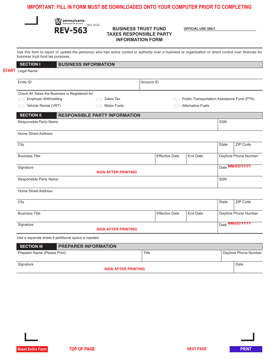 Form REV-563 Business Trust Fund Taxes Responsible Party Information Form - Pennsylvania, Page 1