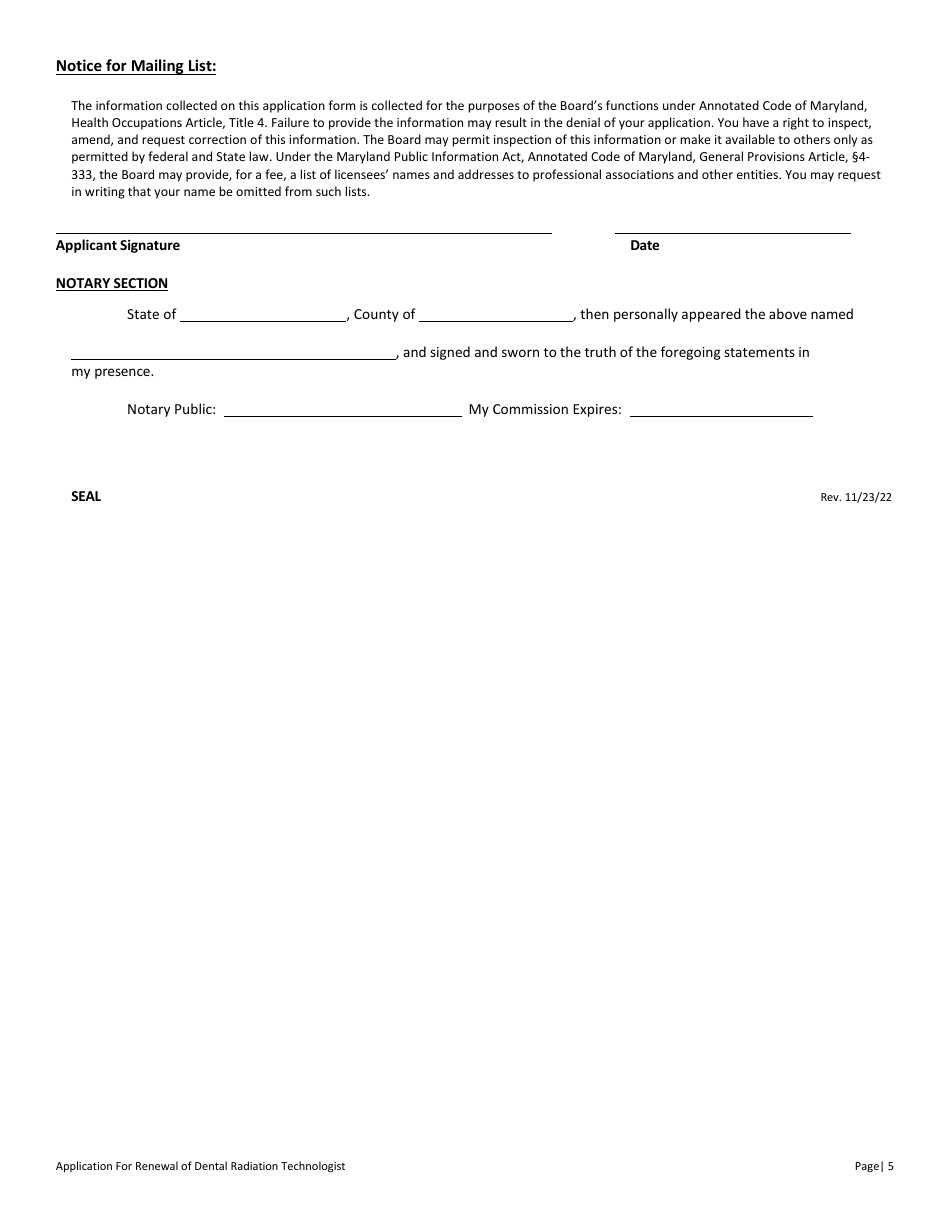 2023 Maryland Application for Renewal of Dental Radiation Technologist