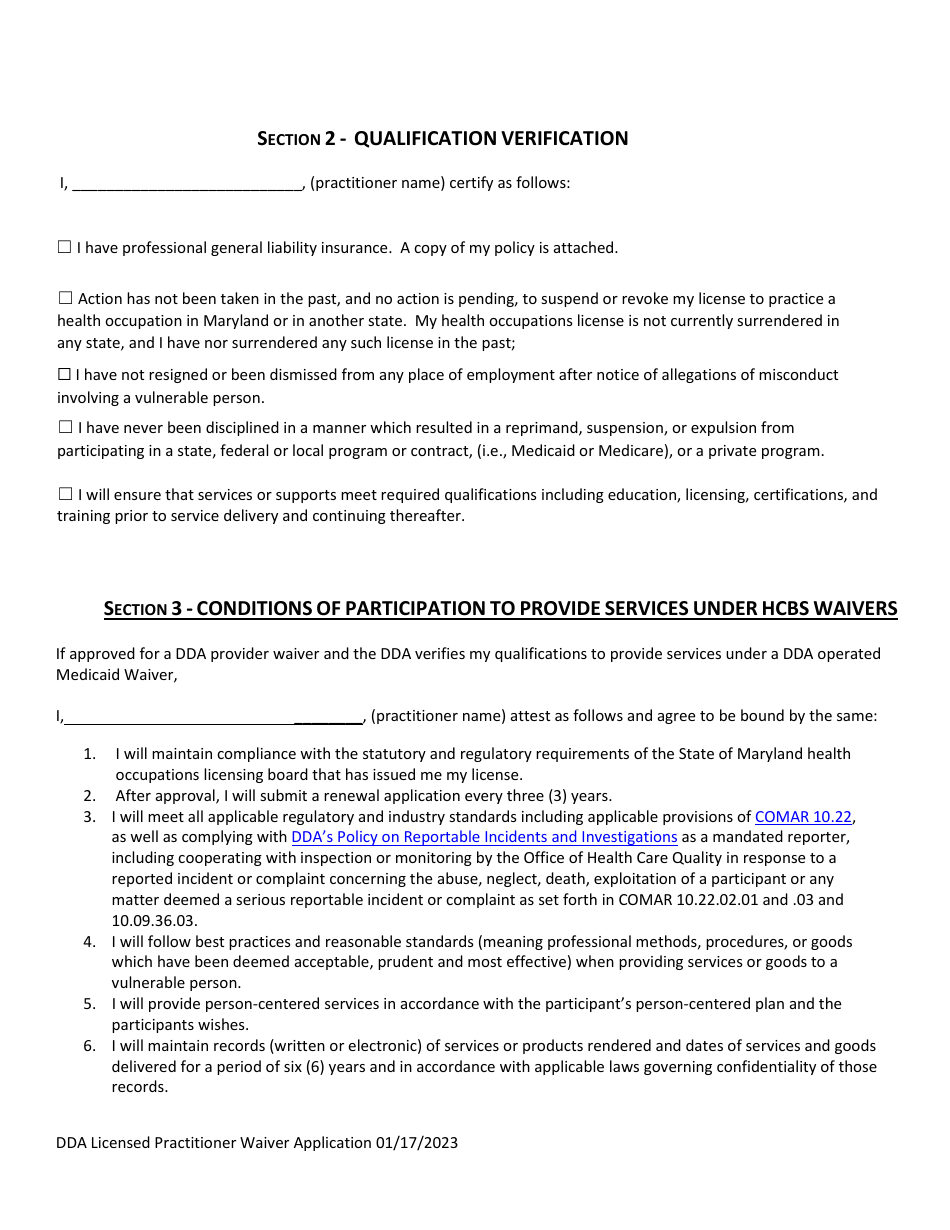 Dda Operated Medicaid Waiver Programs Licensed Practitioner Application and Agreement - Maryland, Page 2
