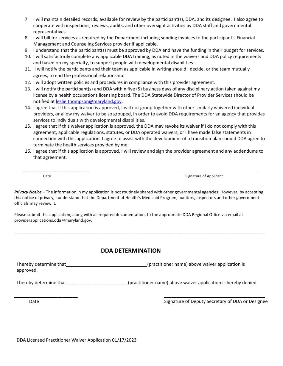 Dda Operated Medicaid Waiver Programs Licensed Practitioner Application and Agreement - Maryland, Page 3