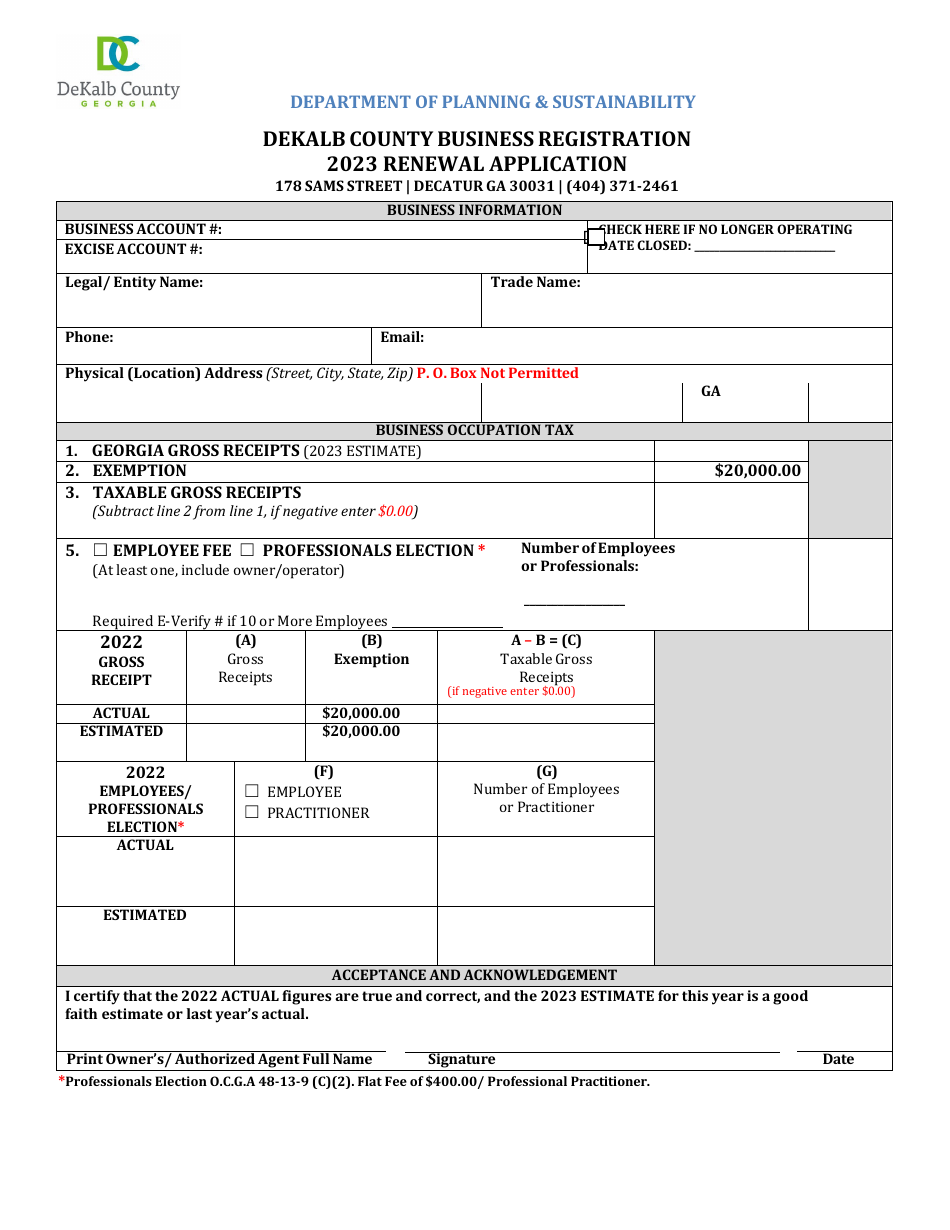Business Registration Renewal Application - DeKalb County, Georgia (United States), Page 1