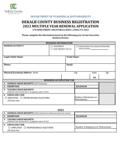 Business Registration Multiple Year Renewal Application - DeKalb County, Georgia (United States), 2023